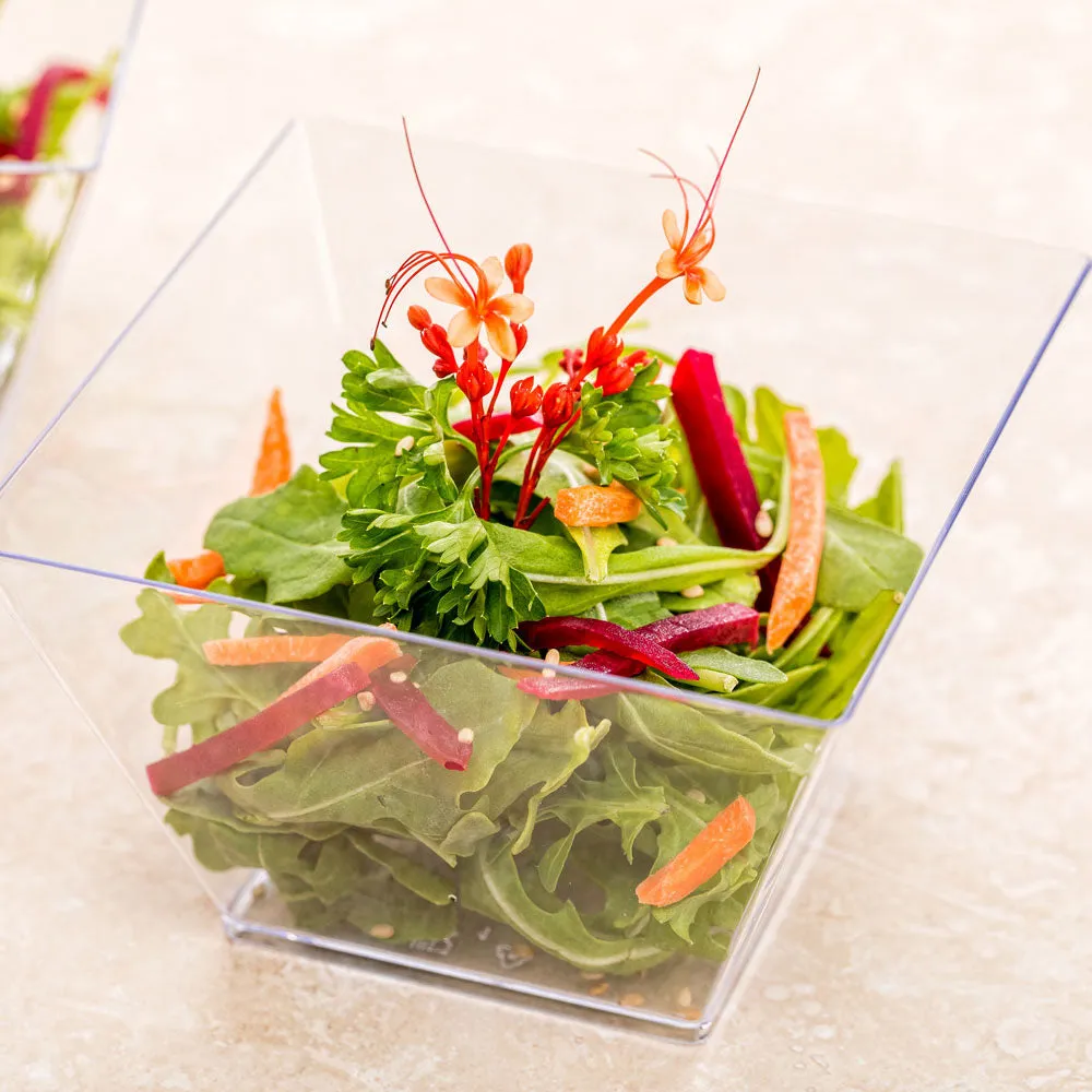 100 16 oz Square Clear Plastic Large Kova Bowls and 100 Silver Plastic 4" Mini Forks