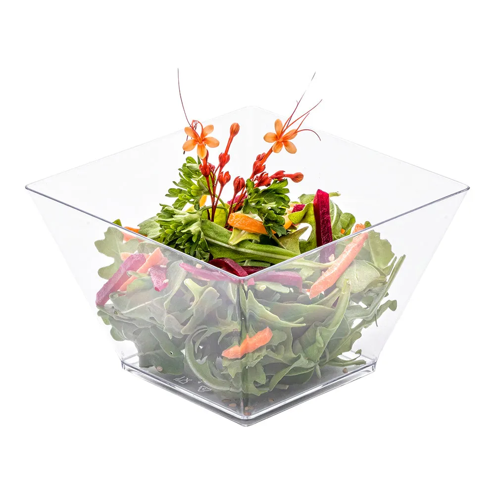 100 16 oz Square Clear Plastic Large Kova Bowls and 100 Silver Plastic 4" Mini Forks