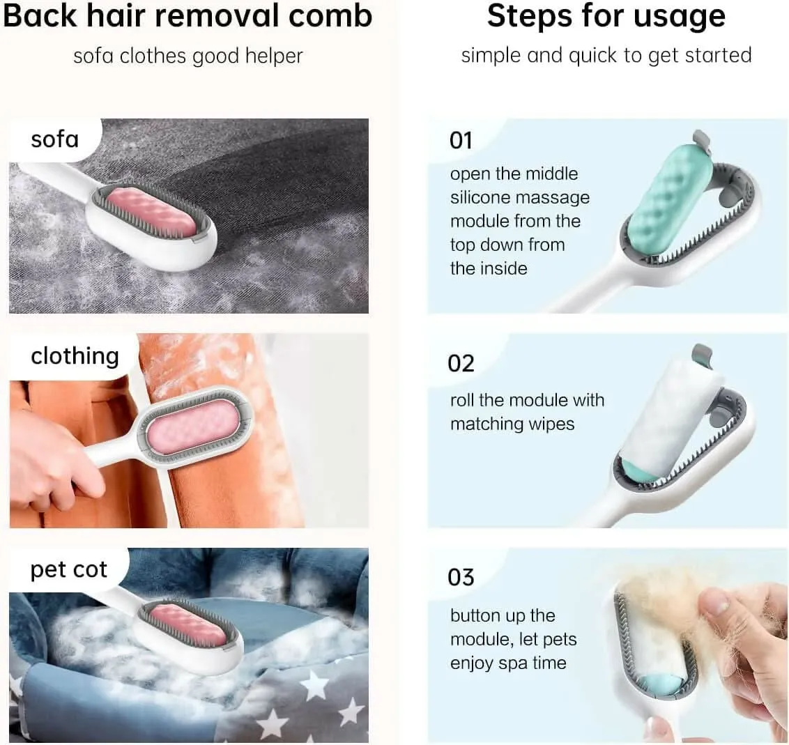 3-in-1 Multifunction Pet Cleaning Comb Hair Removal Tool with Disposable Wipes (Multicolor, Pack of 1)
