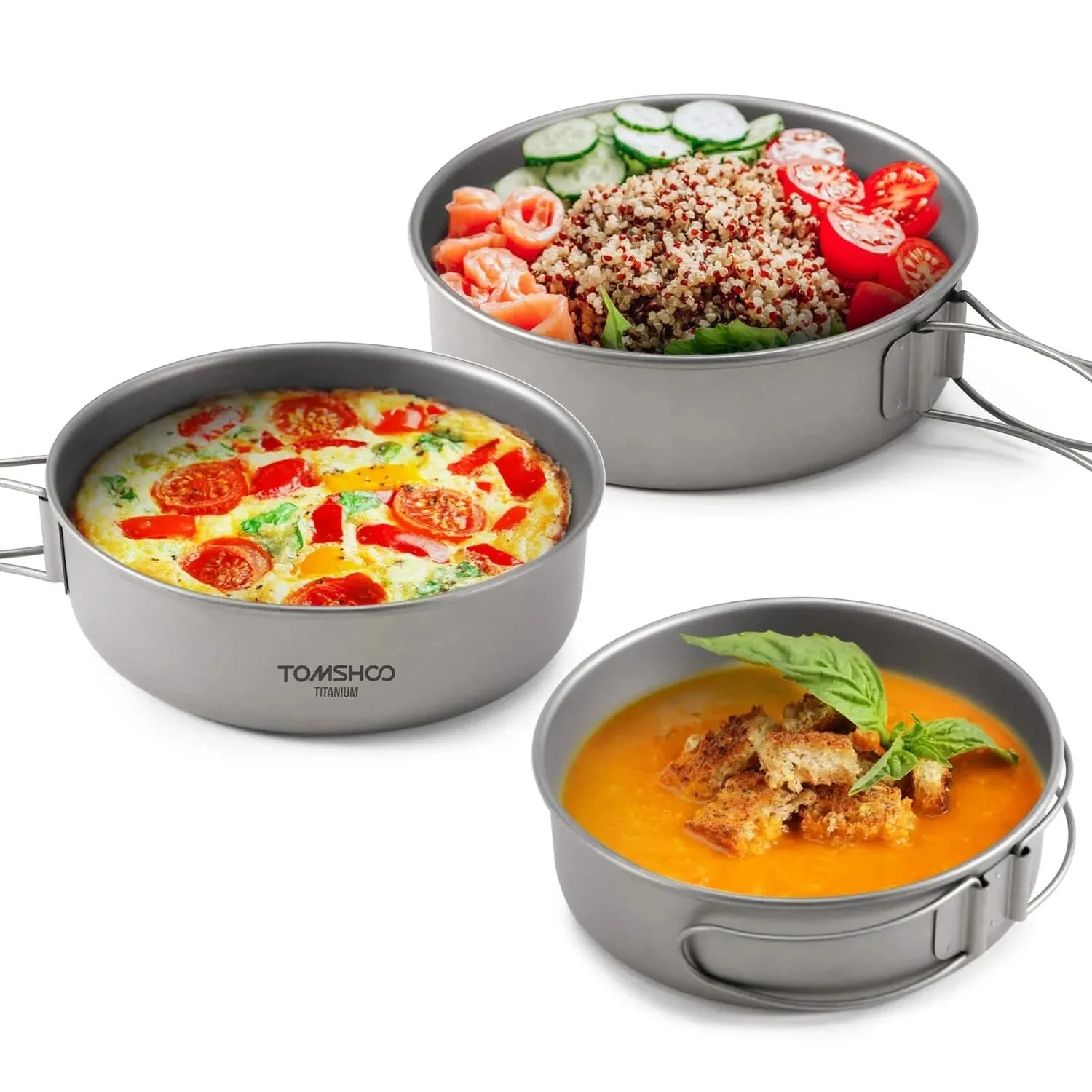 3pcs Titanium Bowls Set Ultralight Titanium Dinner Bowl Pan with Foldable Handles for Outdoor Camping Hiking Picnic