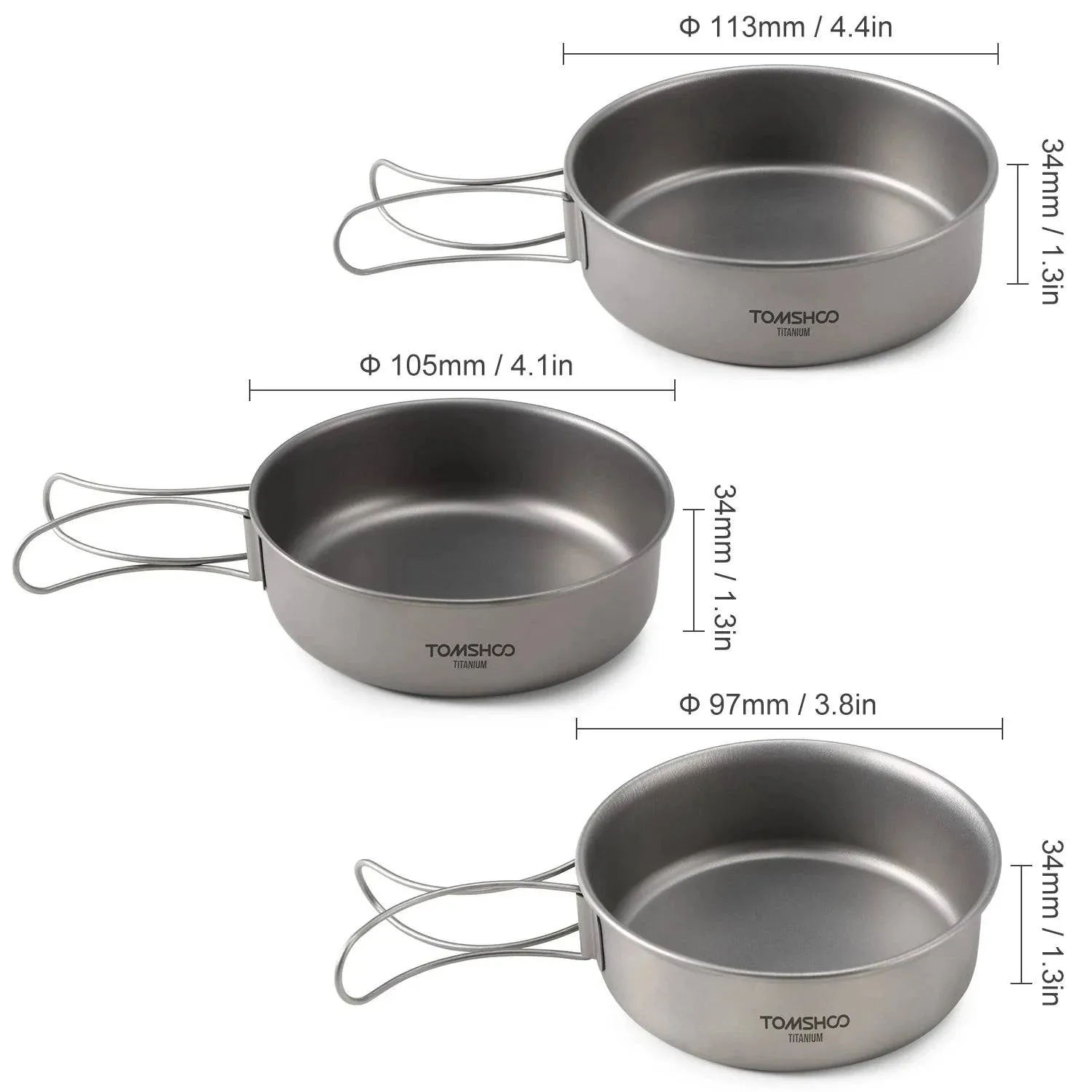 3pcs Titanium Bowls Set Ultralight Titanium Dinner Bowl Pan with Foldable Handles for Outdoor Camping Hiking Picnic
