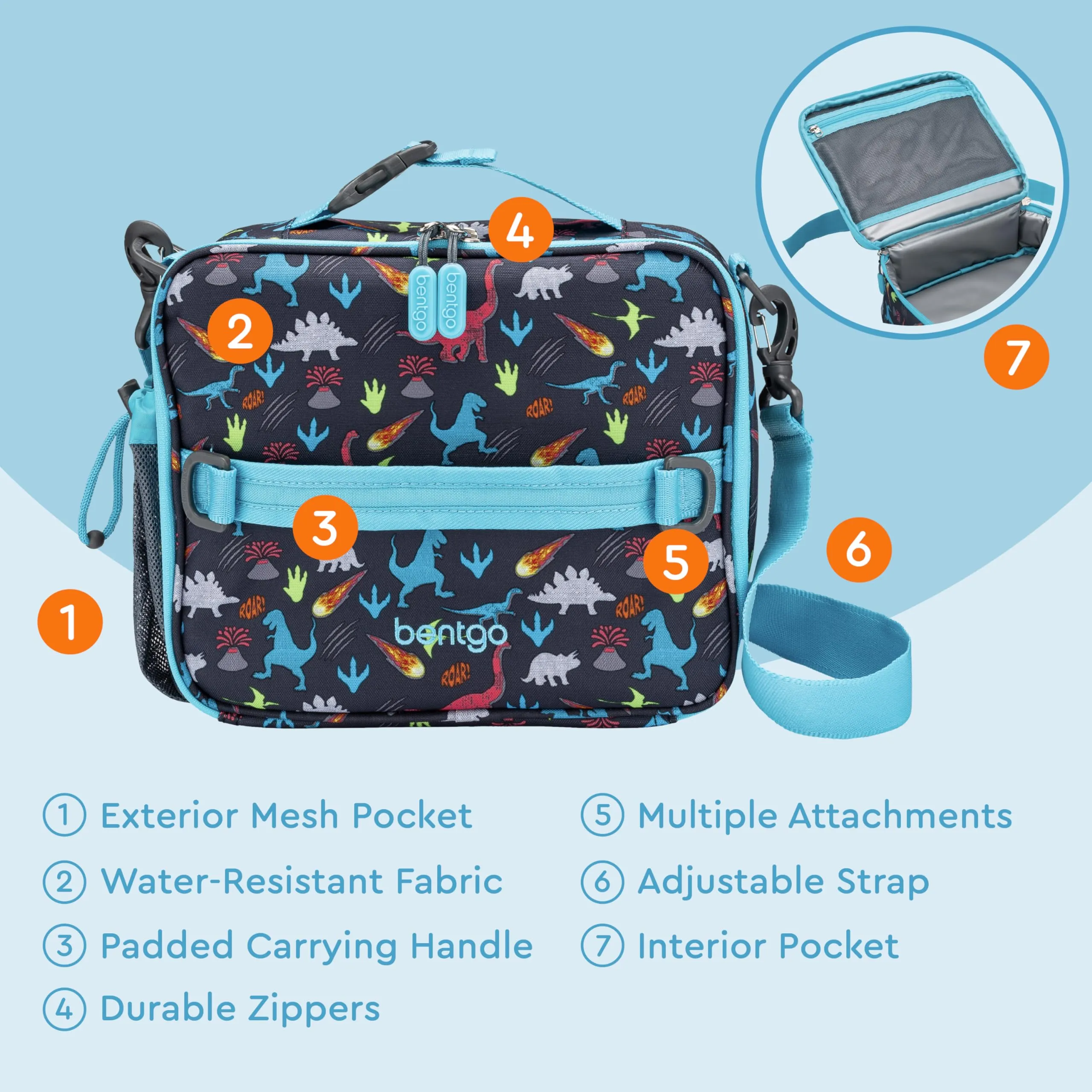 Bentgo® Kids Lunch Bag - Durable, Double-Insulated Lunch Bag for Kids 3 ; Holds Lunch Box, Water Bottle, & Snacks; Easy-Clean Water-Resistant Fabric & Multiple Zippered Pockets (Dinosaur) Dinosaur
