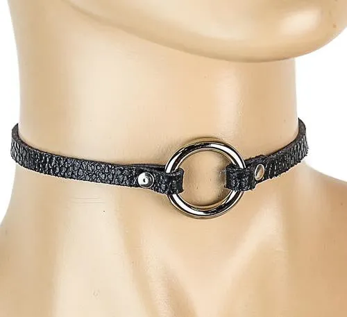 Black Leather Collar w/ Single Silver O Ring