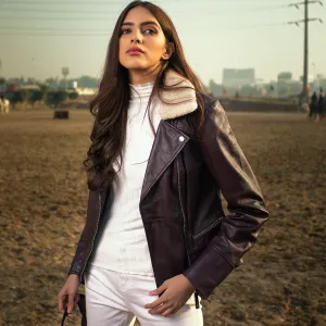 Burgundy Leather Jacket with Luxurious Fur Collar - Kaptan
