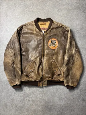 Chevignon '61th Fighter Squadron' Embroidery Distressed Leather Bomber Jacket