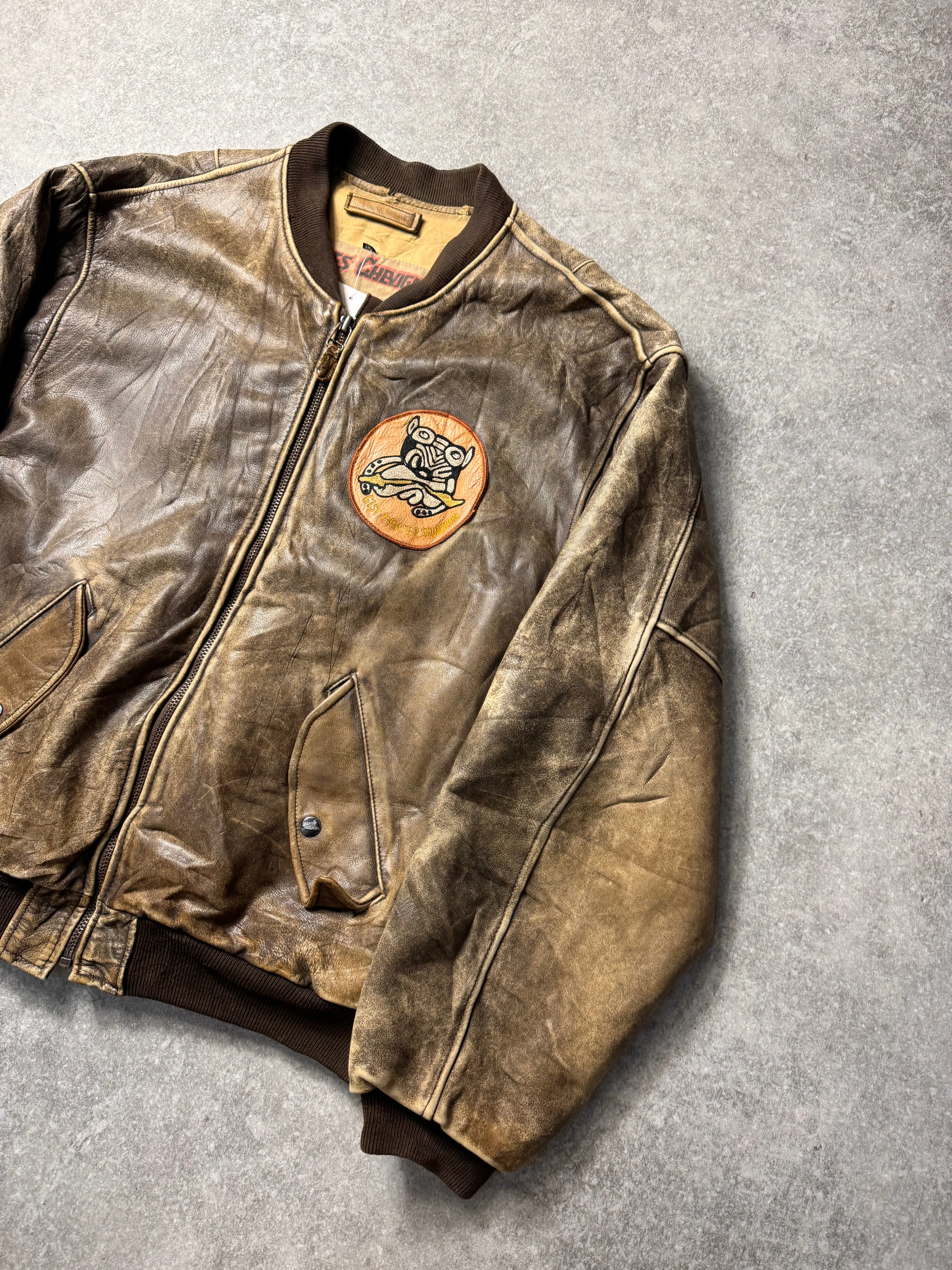 Chevignon '61th Fighter Squadron' Embroidery Distressed Leather Bomber Jacket