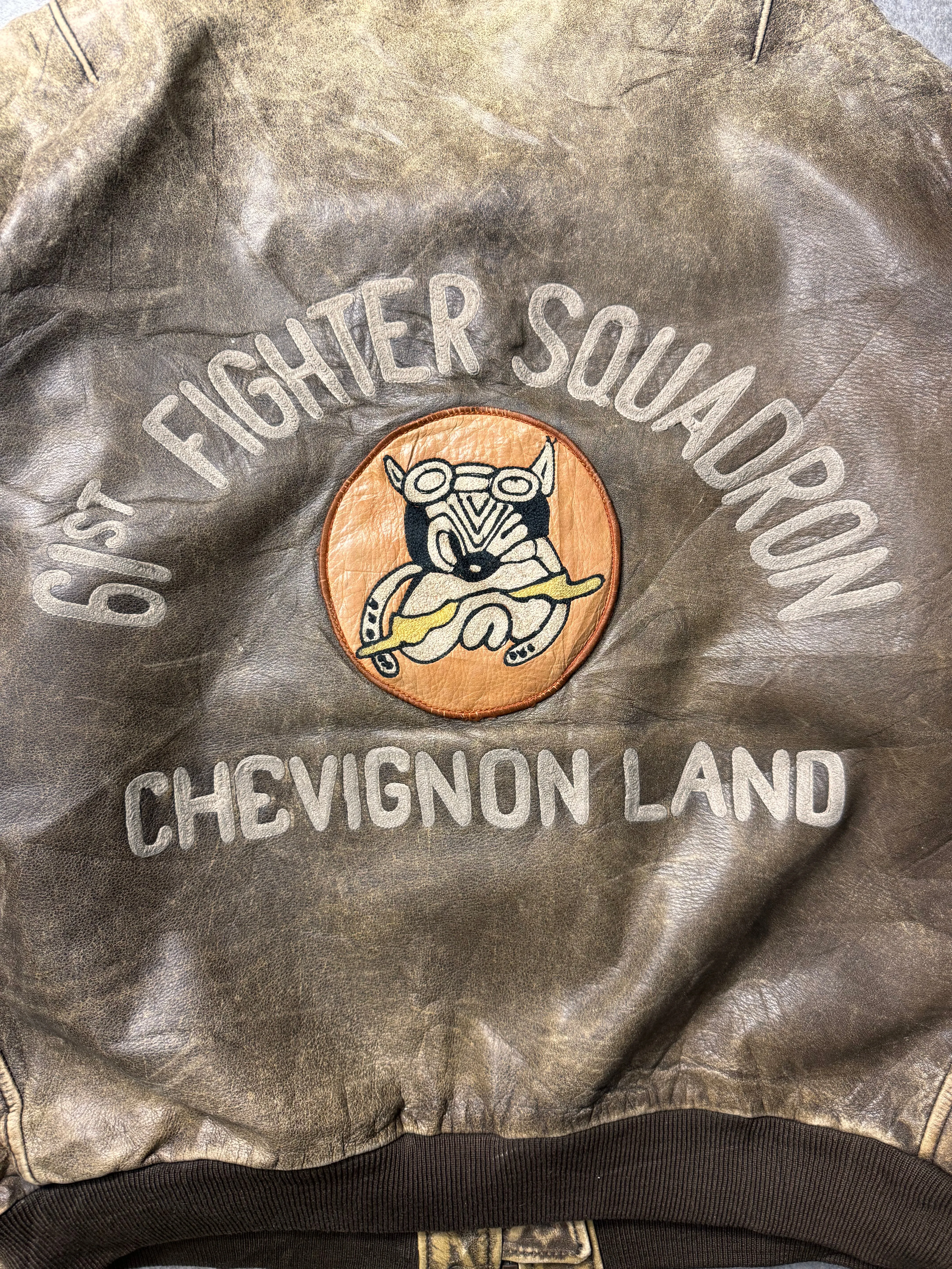 Chevignon '61th Fighter Squadron' Embroidery Distressed Leather Bomber Jacket