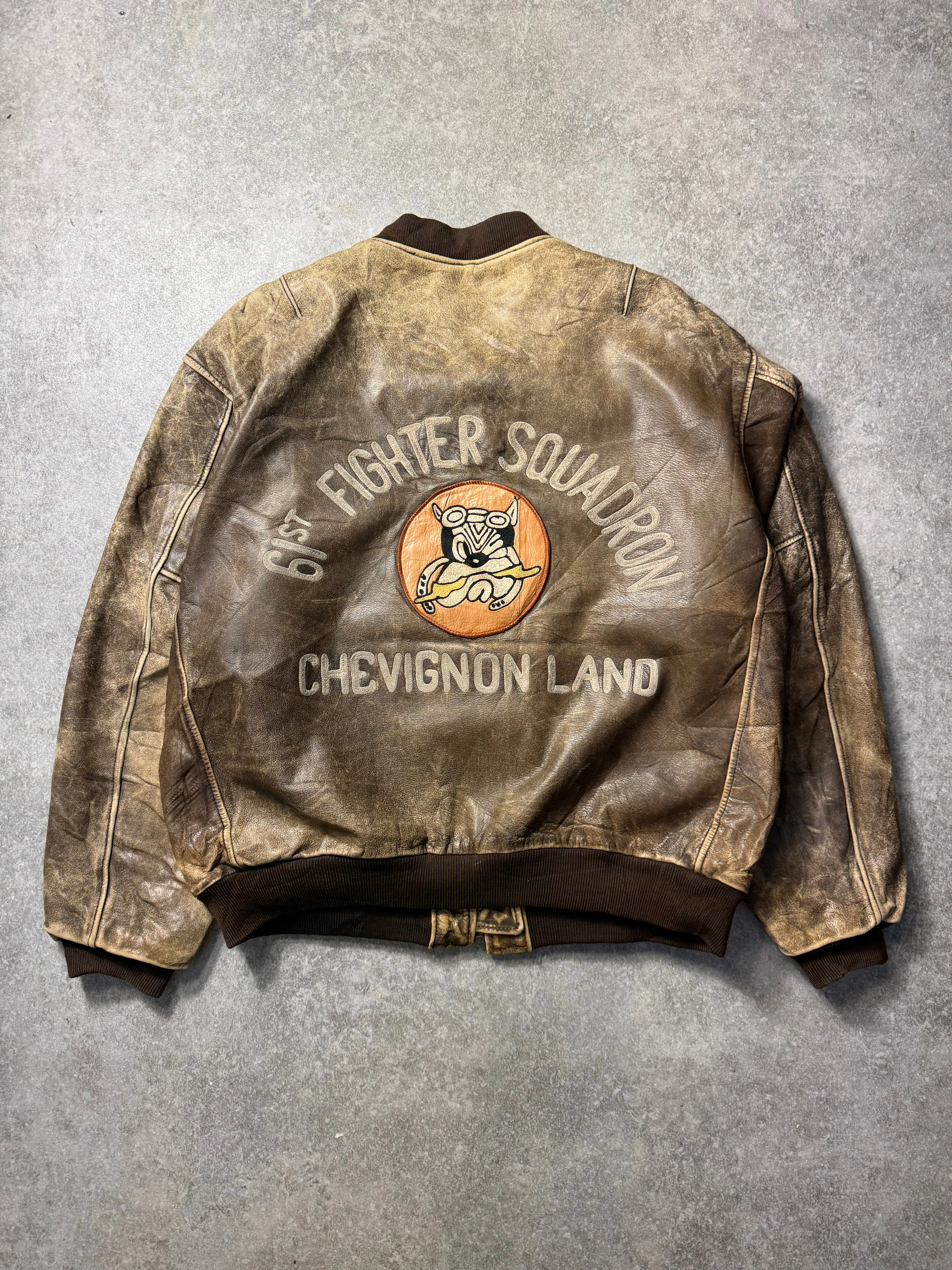Chevignon '61th Fighter Squadron' Embroidery Distressed Leather Bomber Jacket