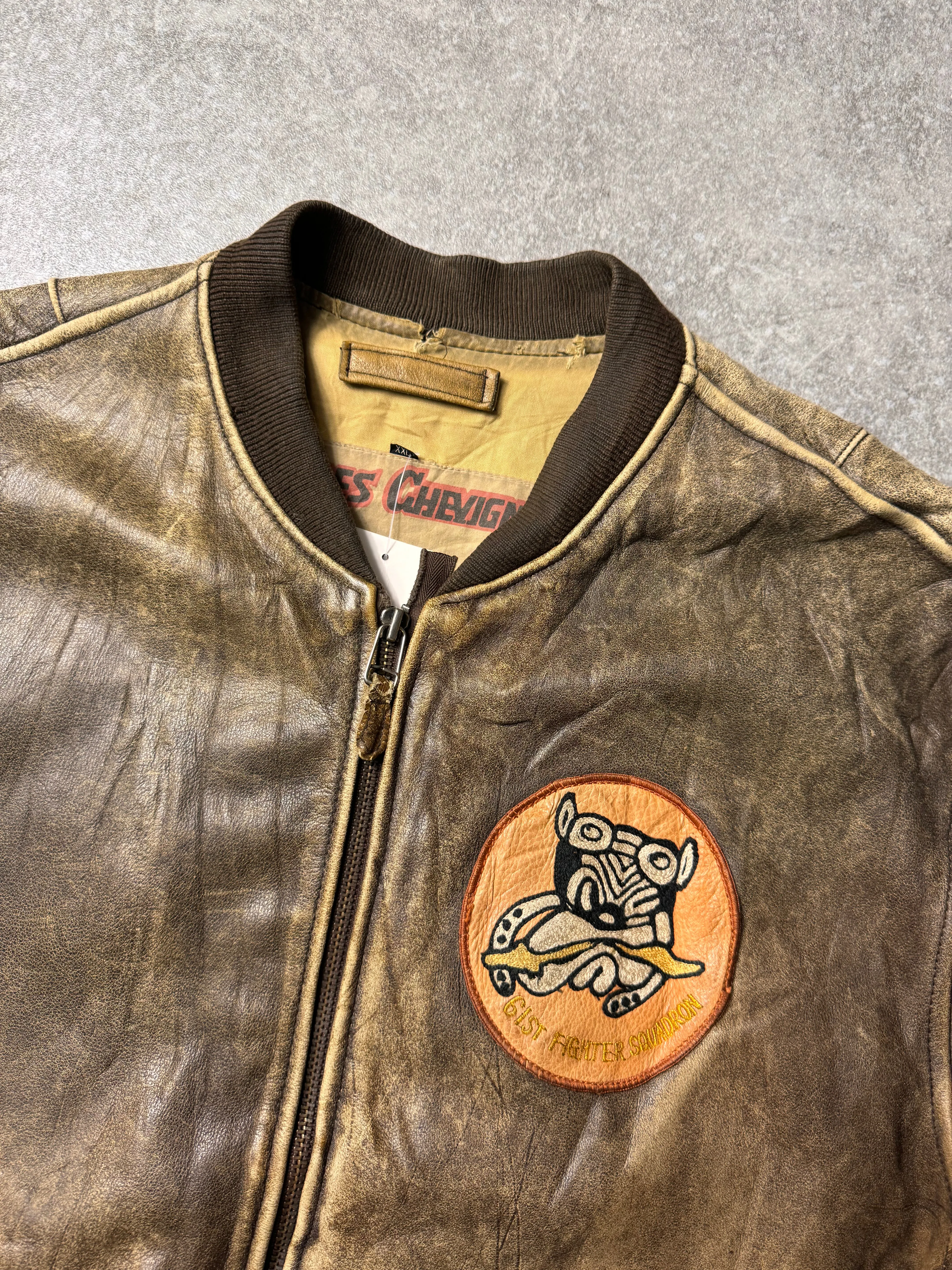 Chevignon '61th Fighter Squadron' Embroidery Distressed Leather Bomber Jacket