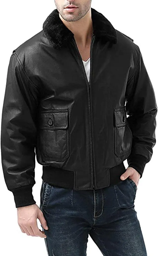 Landing Leathers Men's USA Navy G-1 Leather Full-Zip Flight Bomber Jacket