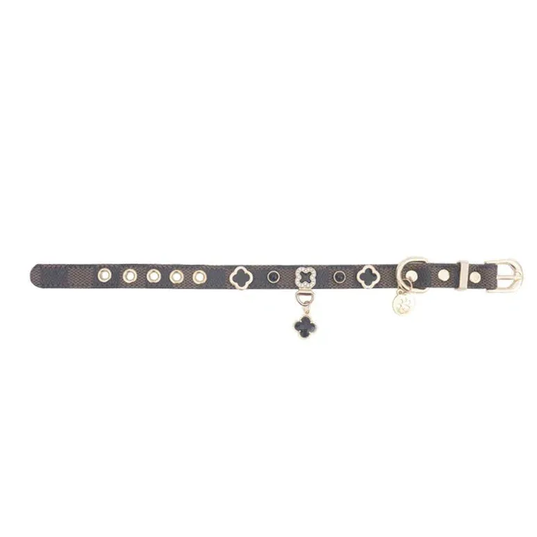 Luxury Adjustable PU Leather Cat and Dog Collar with Lucky Clover Charm