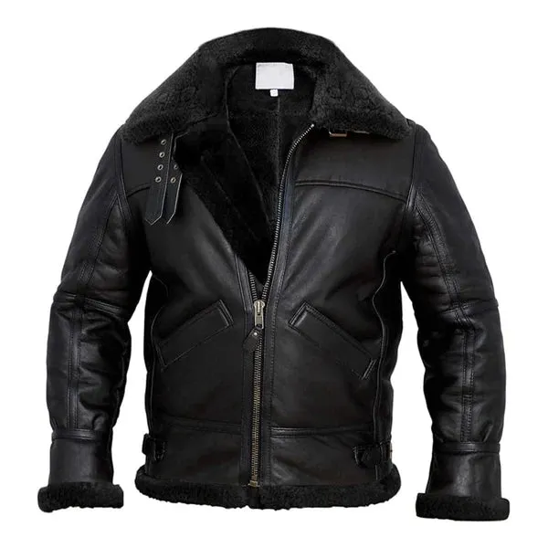 Men's Faux Shearling Adjustable Collar Leather Jacket
