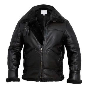 Men's Faux Shearling Adjustable Collar Leather Jacket