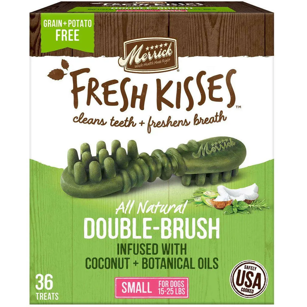 Merrick Fresh Kisses Double-Brush Coconut & Botanical Oil Dental Dog Treats, Small