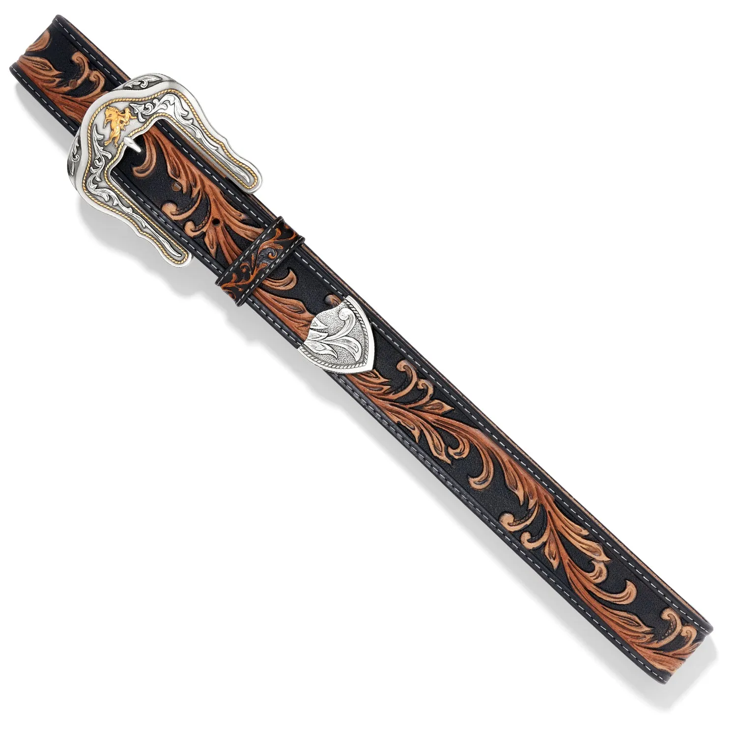 Tony Lama Black/Tan Floral Tooled Westerly Ride Belt